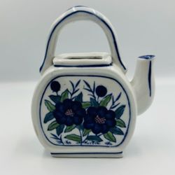 Vintage Mini Ceramic Teapot Vase Blue Floral Made in China