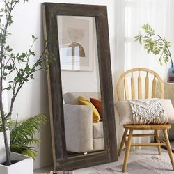 Rustic Full Length Mirror, 58" x 24" Vintage Wood Framed Wall Mirror Hanging or Leaning Against Wall for Bedroom Living Room, Brown
