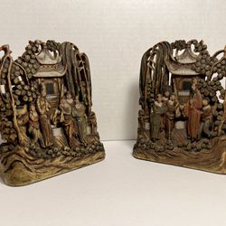 A Pair of Antique Late Qing Dynasty Chinese Handcarved Wood Bookends