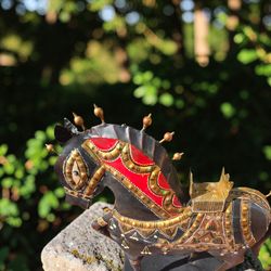 Vintage Indian Rajasthani Folk Art Horse Statue – Hand-Painted Black, Red & Gold