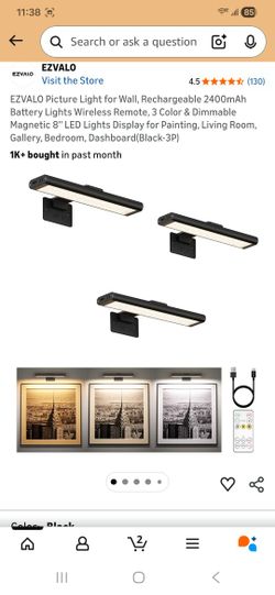 Recharaeable 2400mAh Batterv Liahts Wireless Remote. 3 Color & Dimmable Magnetic 8' LED Lights Display for Painting, Living Room, Gallery, Bedroom, Da