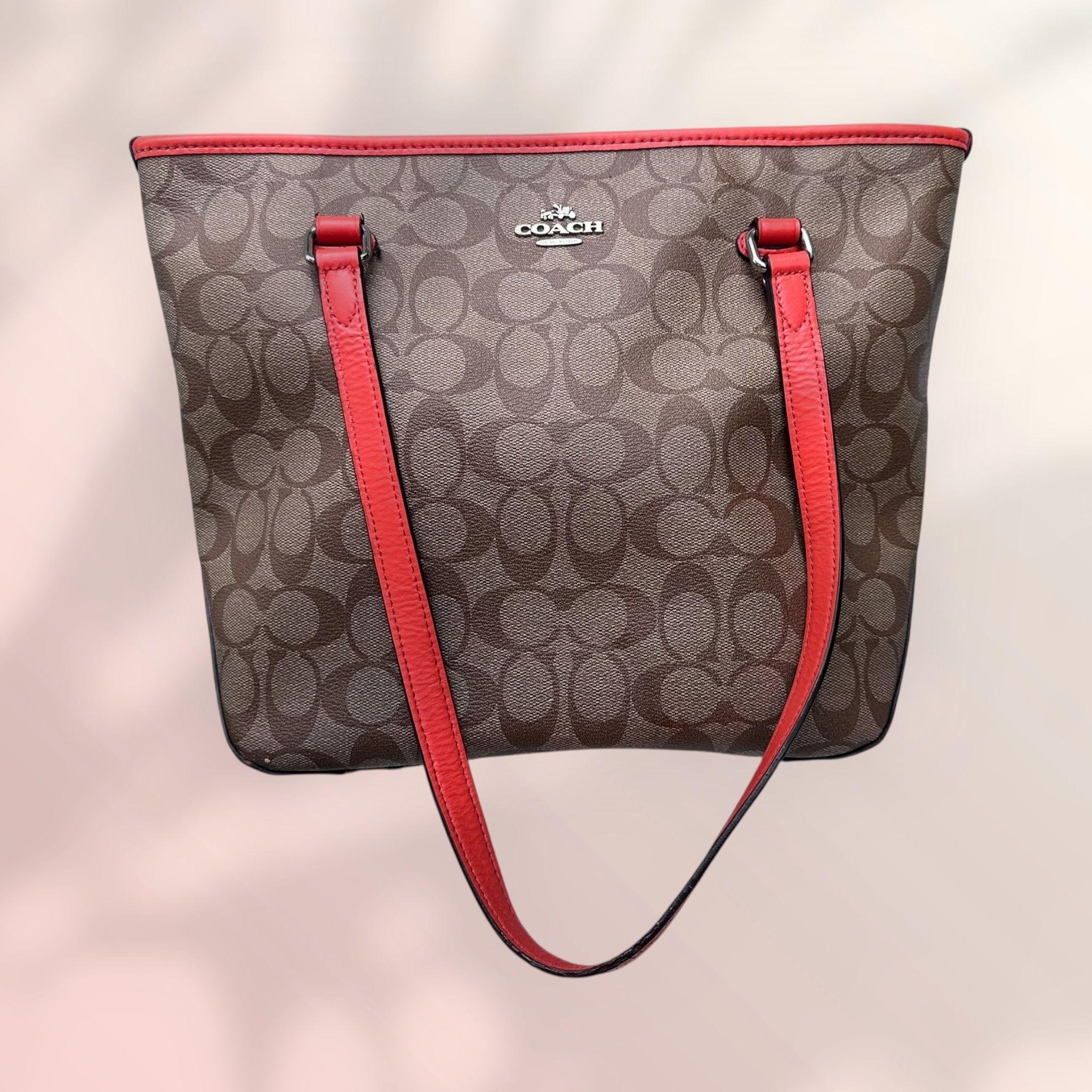Coach F58292 Zip Top Tote, Signature Logo In Khaki/Orange Coated Canvas