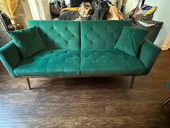 Teal Velvet Tufted Sofa with Throw Pillows
