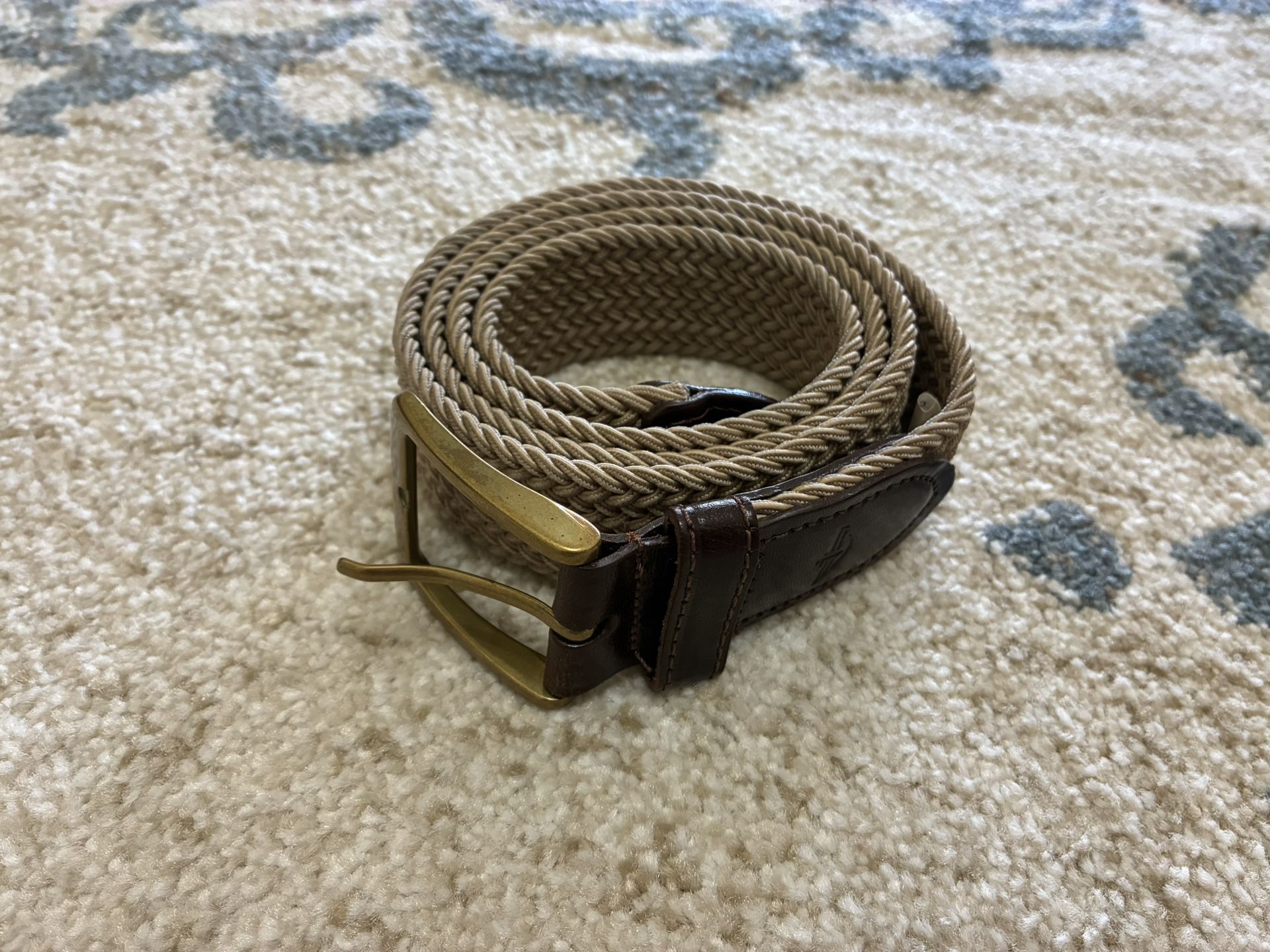 Dockers Men's Belt Woven Stretch Beige/Khaki Brown Leather Gold Tone Buckle 38