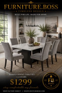 Marble Sining Table + 6 Grey Dining Chairs