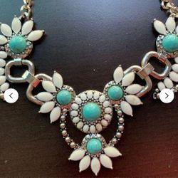 Statement Necklace Turquoise White Silver - Costume Jewelry - 