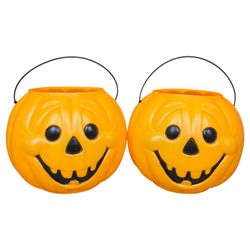 Vtg Halloween Pumpkin Candy Bucket Blow Mold Pail General Foam Plastics USA 2 CT