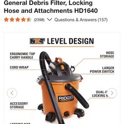 16 Gal. 5.0 Peak HP NXT Shop Vacuum Wet Dry Vac with General Debris Filter, Locking Hose and Attachm