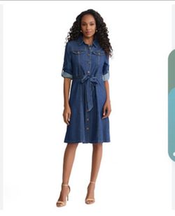 Millenium Blue Denim Jean Shirt Dress Cotton Button Front Tie Waist XL