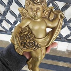 Vintage Goldtone Chalkware Cherub Wall Plaque