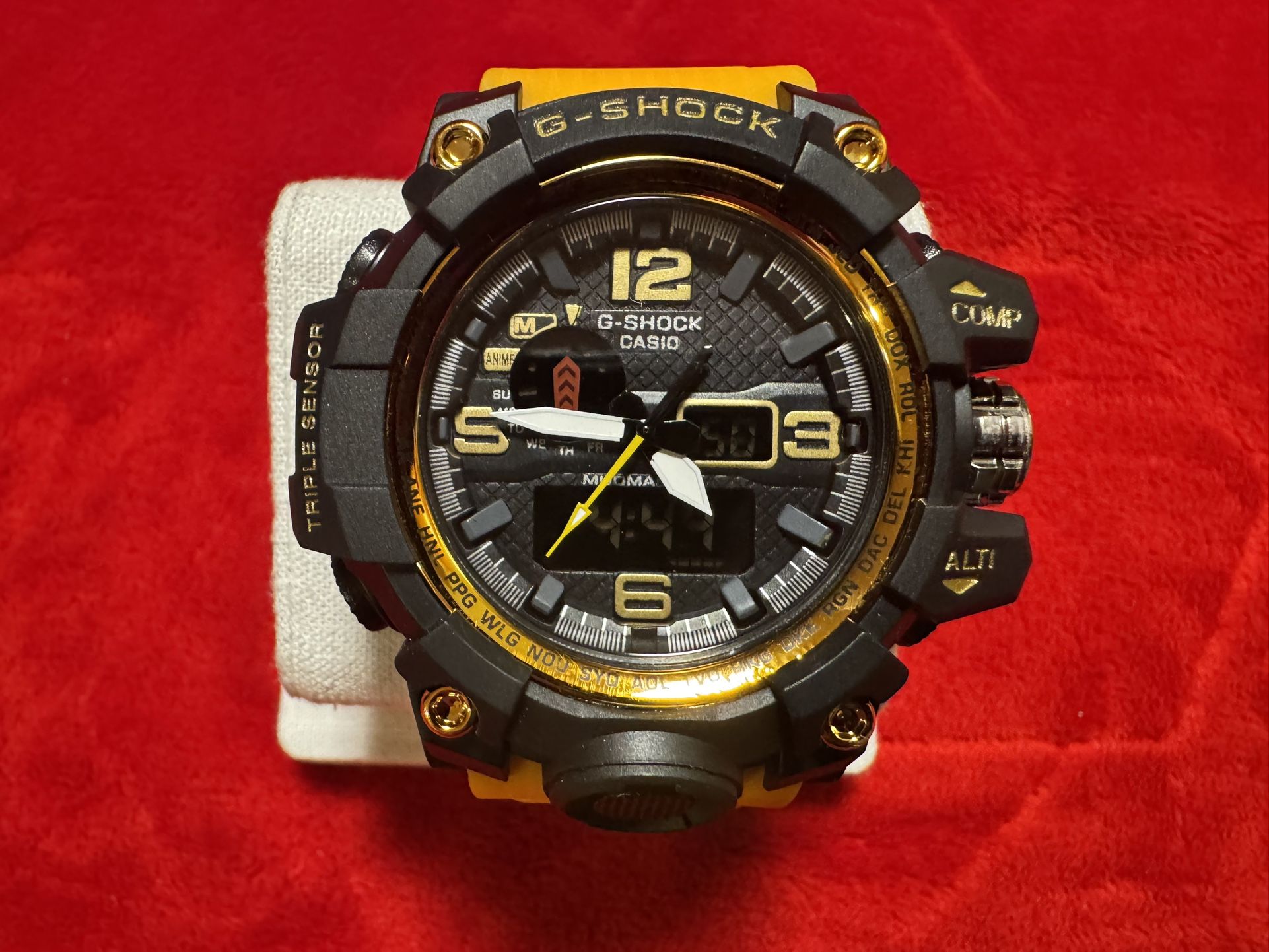 G-Shock Style Digital Military Sports Watch – LED Display, Shock Resistant, Stopwatch, Waterproof Design, Gold+Gold Band