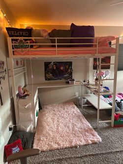 White Loft Full Size Bed with Desk/Dresser/Shelves/Outlets