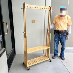 New In Box 36x13x66 Inch Tall Bamboo Garment Clothing Rack Shoe Stand Shelf With Wheels 