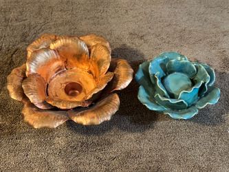 Vintage Copper & Teal Ceramic Flower Candle Holder Set