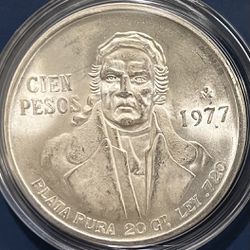 Silver 100 Pesos Morales, Ley .720  BU In Capsule Plata