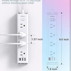 Surge Protector Power Strip - 15 FT Extension Cord, Power Strip with 12 Widely AC Outlet 3 USB, Flat Plug Wall Mount Overload Protection, 1050J, Desk 