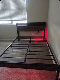 Furnulem Queen Bed Frame with LED Lights, Storage Headboard with Charging Station & USB Port, Metal Mesh Platform Bed Frame with 1000lbs Support, Nois