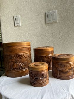 1 set of 4 nestable handcrafted Mahogany wood  containers-storing flour, coffee, tea, sugar or seasoning