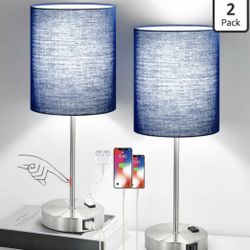Brand New Set Of 2 Dimmable Touch Control Table Lamps With USB Ports & AC Outlet 