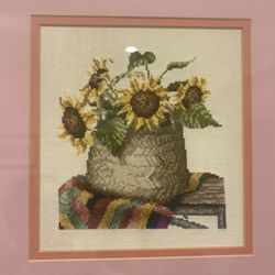Handmade Framed Cross-Stitch Sunflower Basket Wall Art – 16x17” – Vintage Country Decor