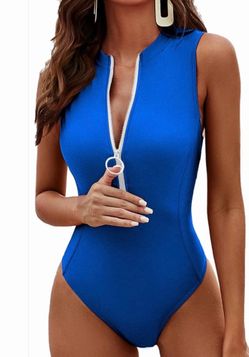 Women's Sporty One Piece Bathing Suits High Neck Rash Guard Leotards Zipper Swimsuit Size / XL