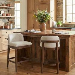 Zemric Modern 33 in. H Walnut Finish and Beige Polyester Upholstered Solid Wood Frame Counter Stools