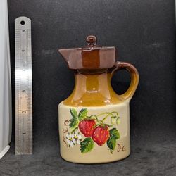 Vintage Stoneware 6" Strawberry Design Crock Jug Two Tone Brown Pitcher w/ Lid