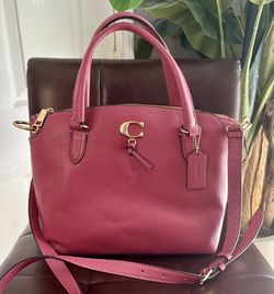 COACH Remi Pink/Red Pebbled Leather Gold C Crossbody Satchel Bag