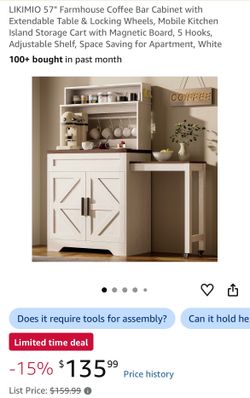 NEW LIKIMIO 57” Farmhouse Coffee Bar Cabinet w/ Extendable Table – White