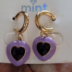 Mint Gold and Purple Heart Dangle Earrings New