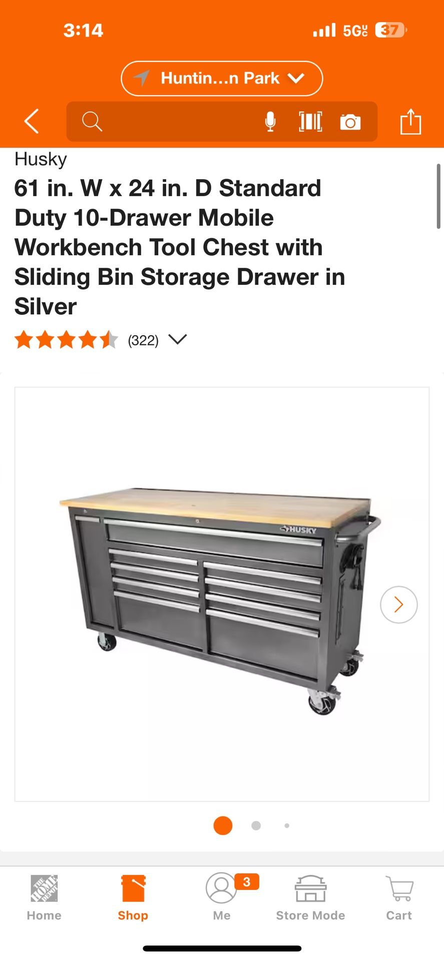 Husky 61 in. W x 24 in. D Standard Duty 10-Drawer Mobile Workbench Tool Chest with Sliding Bin Storage Drawer in Silver