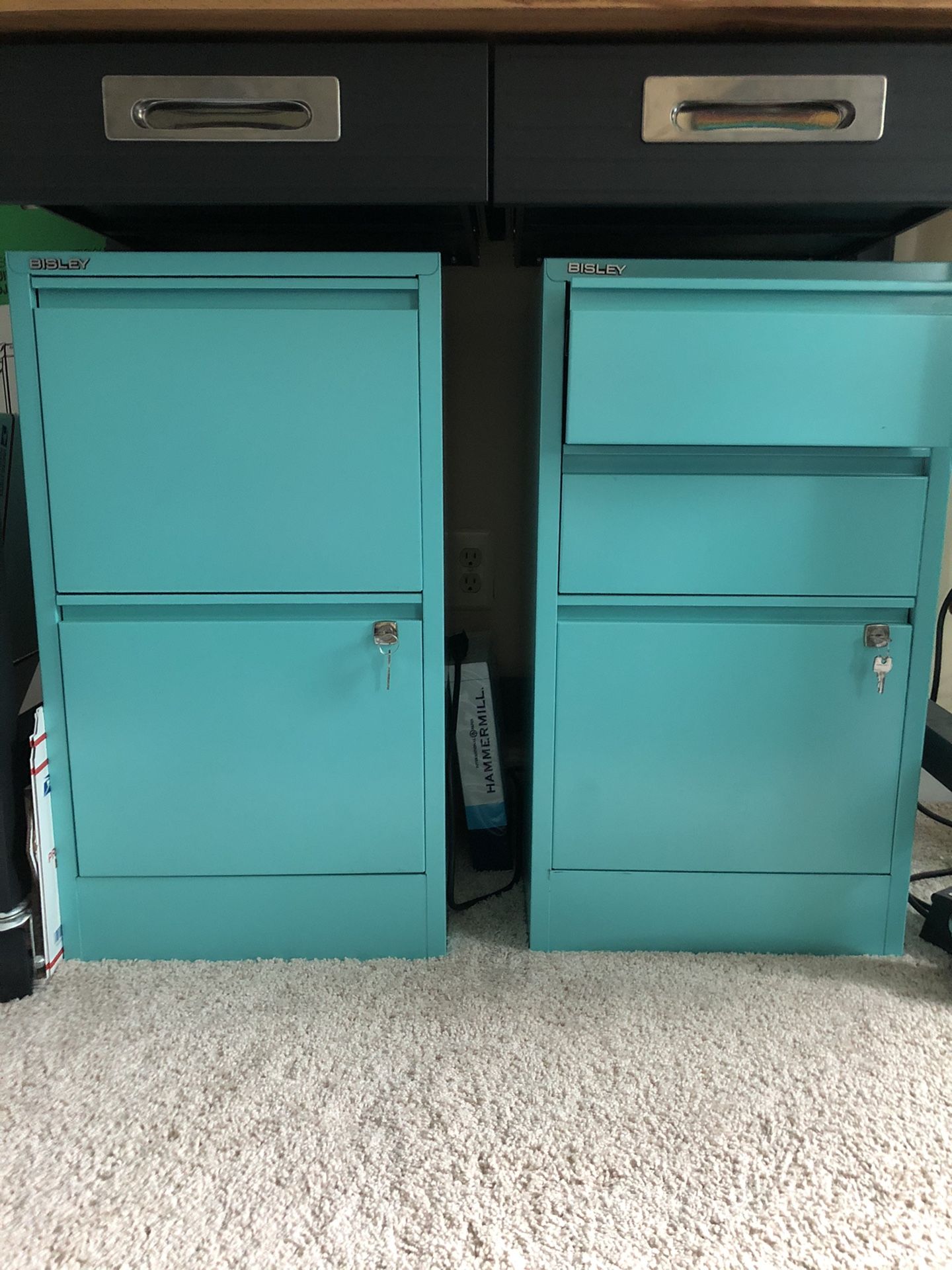 Bisley aqua file cabinets