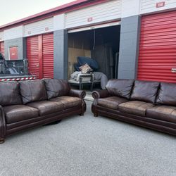 Brown Leather Sofa Set (2 Pieces) – Classic Nailhead Trim - Free Curbside Delivery!