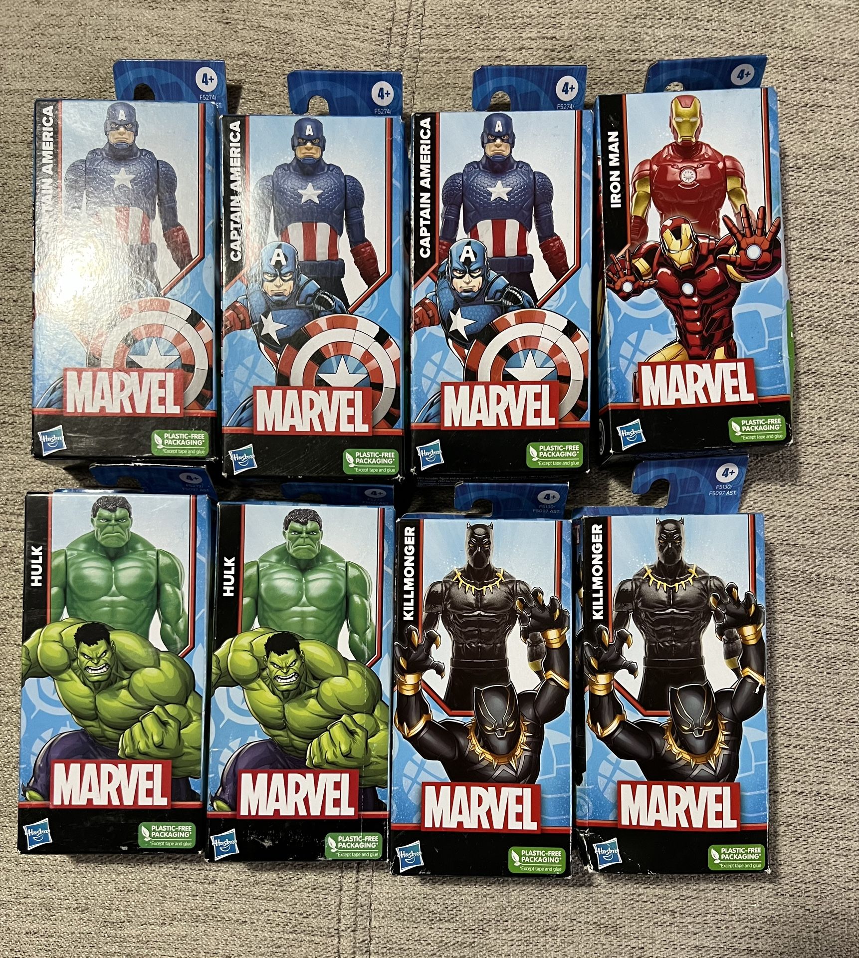 Lot Of 8 Marvel Superheroes Captain America, Hulk, Killmonger, Iron Man