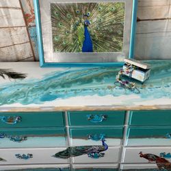 Stunning Large Teal Dresser Oak Heavy Quality With Picture And Mirror 