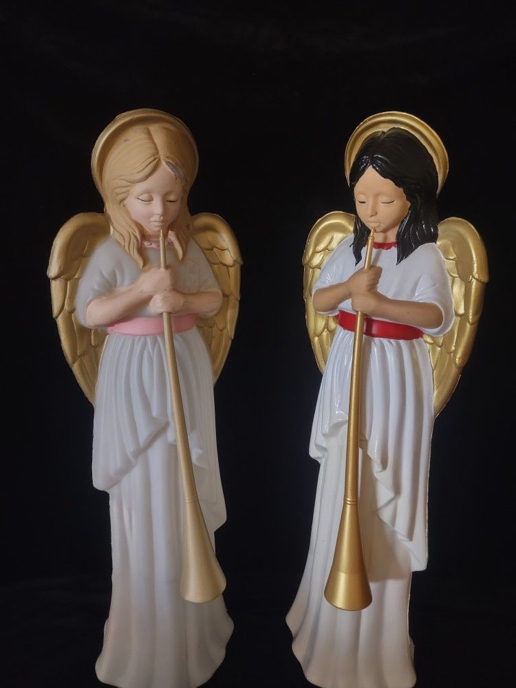2 Beautiful Blow Mold Evangelical Angels With Trumpets See Details For More Information
