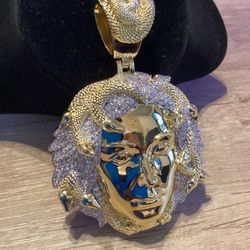 ✅14K Yellow Gold Plated Iced Medusa Charm Sneak Head Pendant Medallion Fits upto 10mm Chain 
