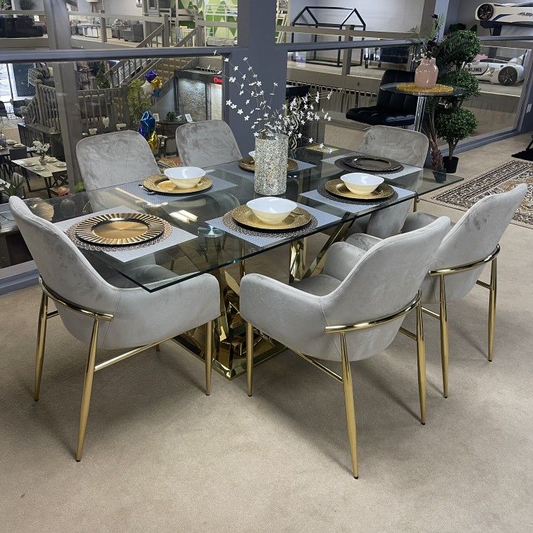 Barnard Clear Glass Top & Mirrored Gold Dining Room Set / 7pc