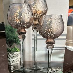 3 Copper Coated Candle Holder Set If 3 Tall Stem Glass Pieces