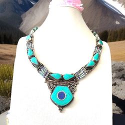 vintage indo/tibet ethnic style handcrafted Pendant necklace with tibetan silver 19”inch long & 127grams