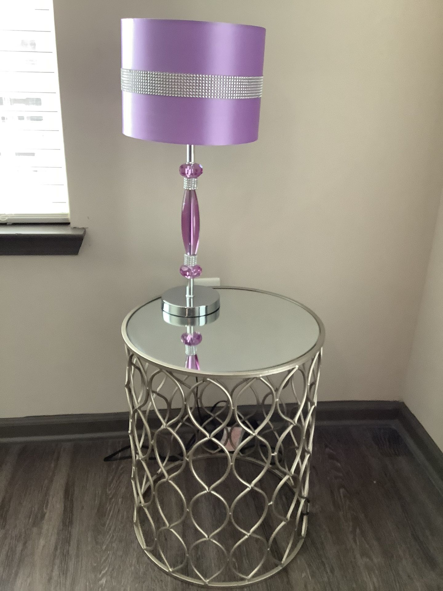 Girls Purple Jeweled Lamp & Mirrored Top Round End Table