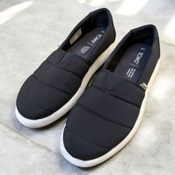 TOMS Black Quilted Slip-On Loafers with White Sole
