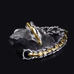 Retro Two-toned Gold & Silver Metal Dragon Link Bracelet 