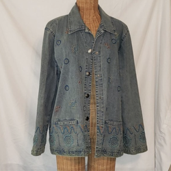 Vintage 90s Boho Hearts Of Palm Embroidered Beaded Blue Brushed Denim Jean Jacket Women's 18