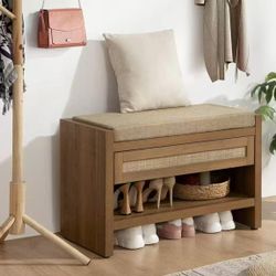 New in box SSEWA10004OA Rattan Shoe Bench Entryway Bench with Storage Drawer and Linen Seat Cushion, Farmhouse Boho Shoe Rack Bench with Shelf, Wooden