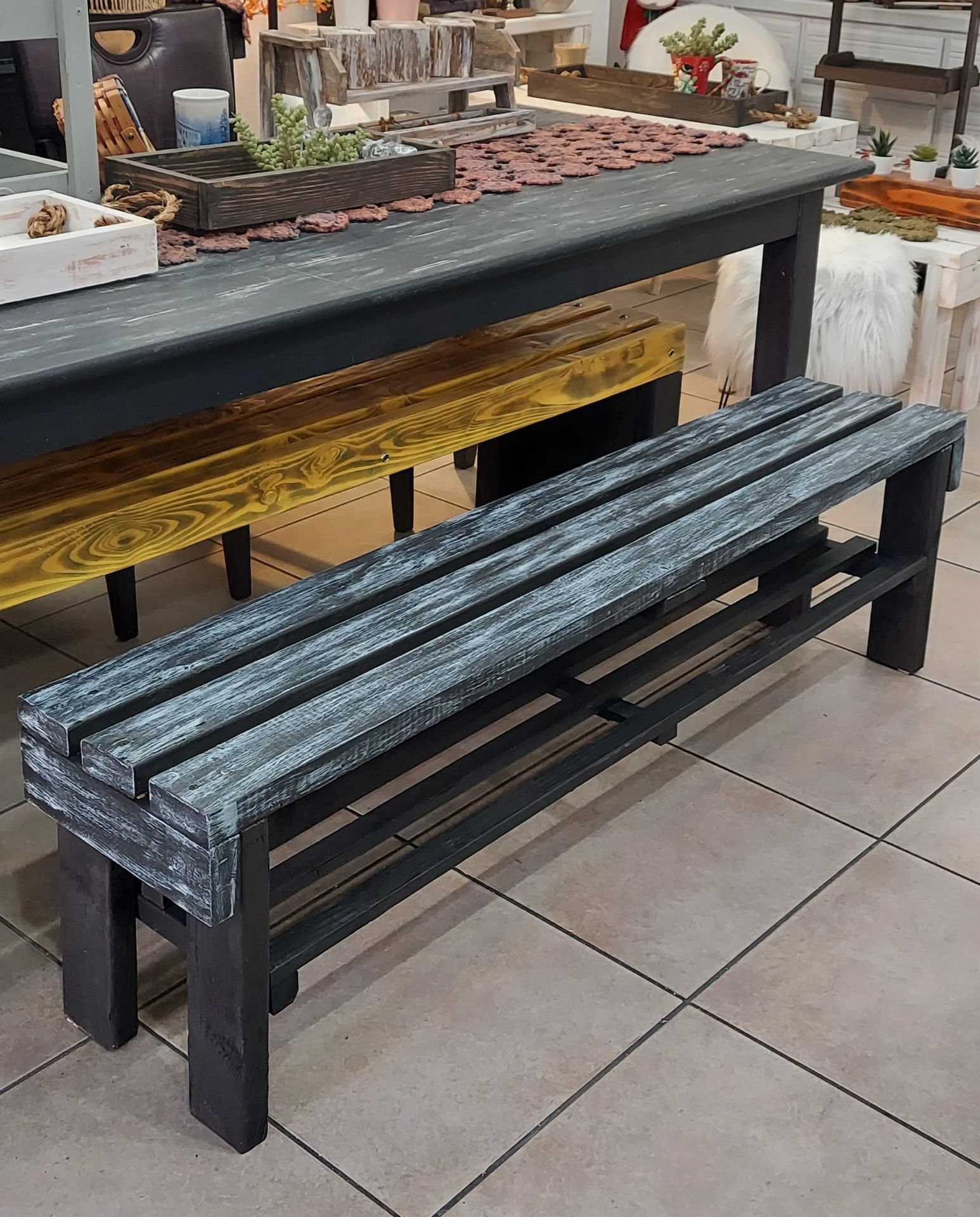 🌱Solid Wood Bench with Shelf ::: 17"H X 60"W X 12"D (3 Planks) ::: Distressed Black/Silver Drop