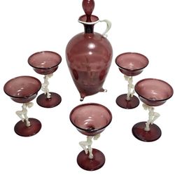 Vintage Lauscha Bimini Glass Liqueur Decanter Set by Fritz Lampl Blown Art 1920s