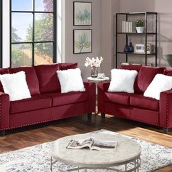 New Red Velvet Sofa And Loveseat