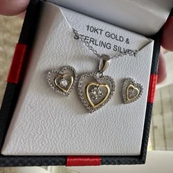 18" 10KT Gold & Sterling Silver Heart Chain and Earring Set 
