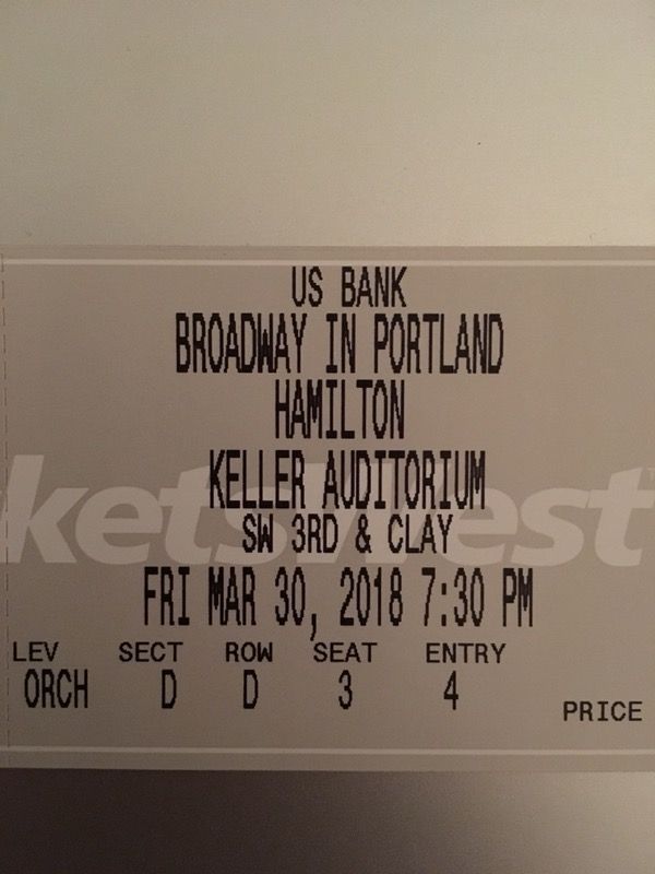 Hamilton 4th row from front, 3/30 FRIDAY, Orchestra D, sec D, row D, seat 3